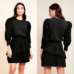 Nation LTD Tenley Black Puff Sleeve Asymmetrical Ruffle Tiered Mini Dress~S🧡